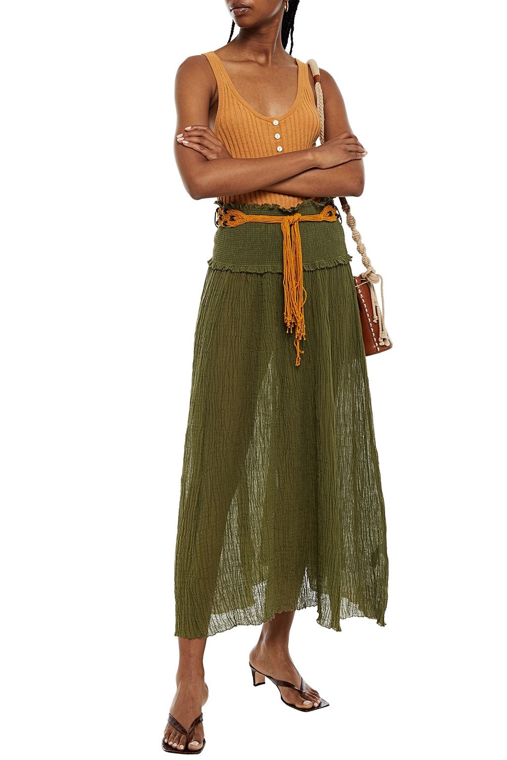 ZIMMERMANN Bellitude belted crinkled ramie and cotton-blend midi skirt