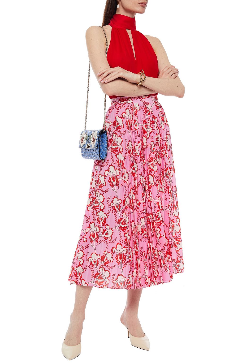 VALENTINO GARAVANI Pleated printed silk crepe de chine midi skirt