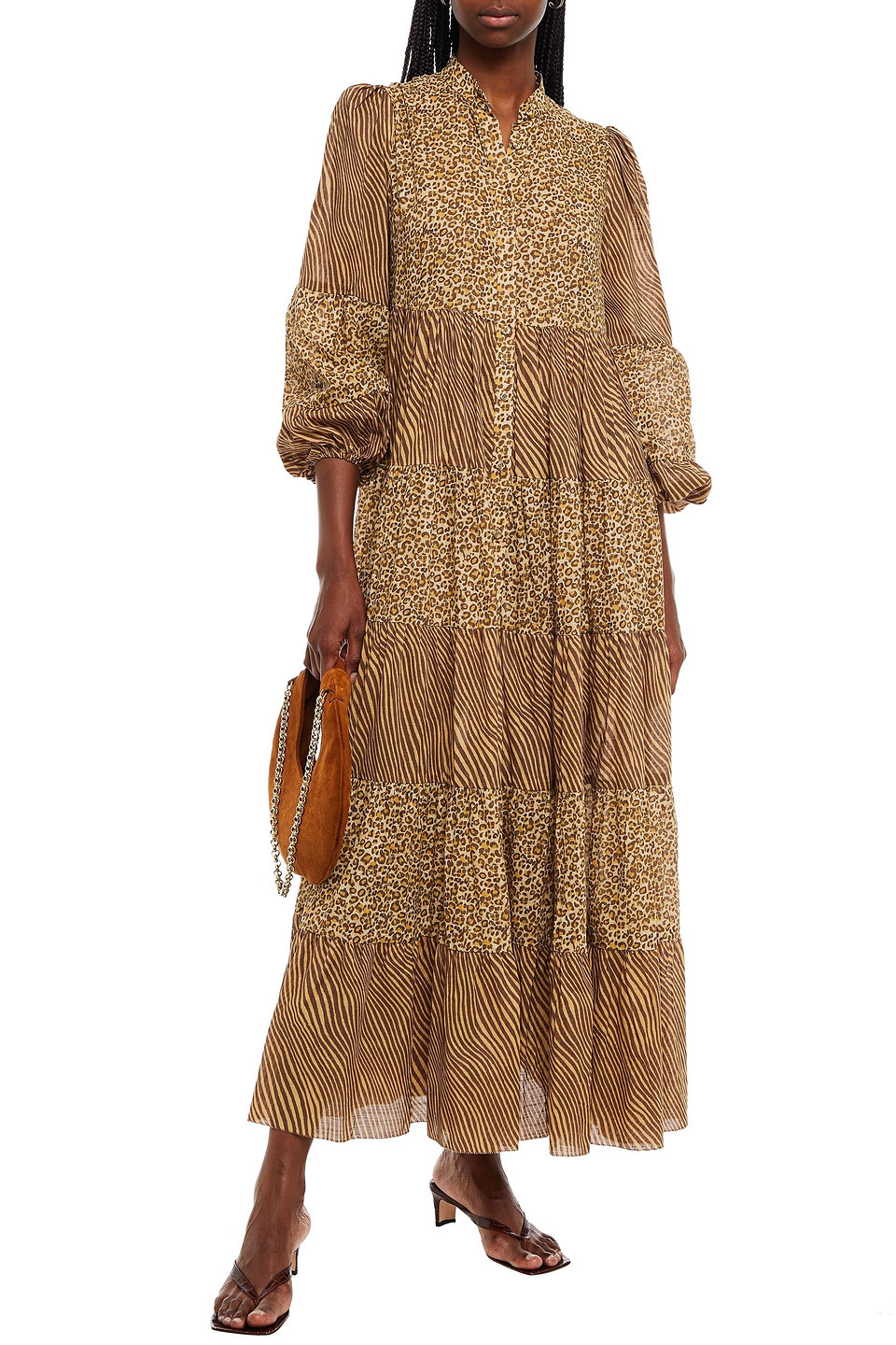 Zimmermann Empire Tiered Printed Cotton-gauze Maxi Dress In Sand