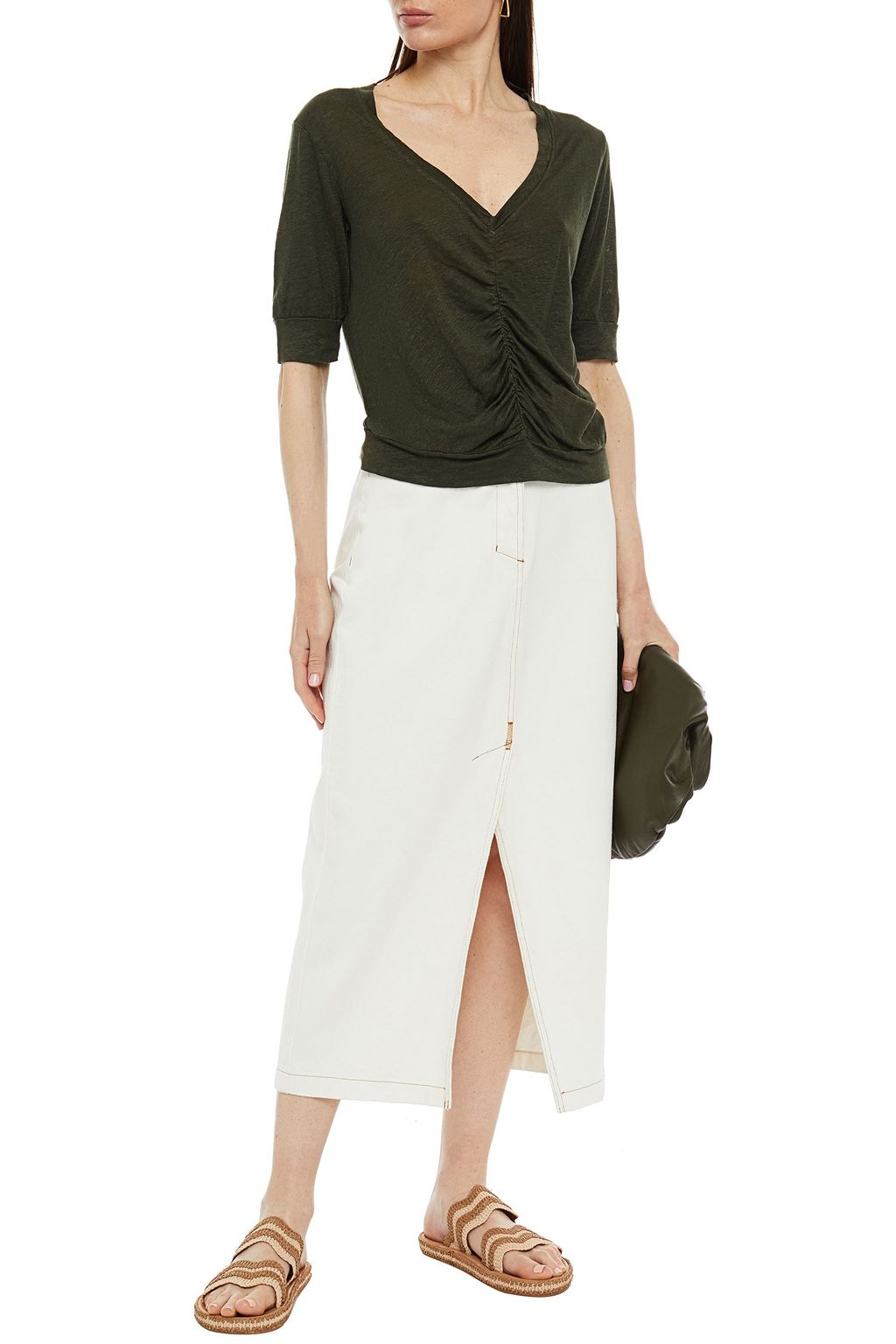 STATESIDE Ruched slub-linen top