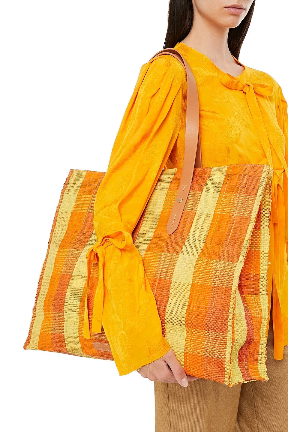 Zimmermann Leather-trimmed Checked Raffia Tote In Orange