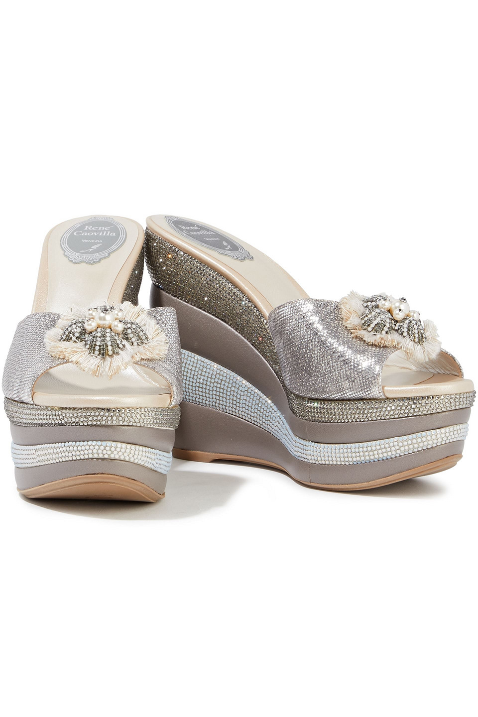 Click to view more detailed imagery on our partner's website René Caovilla Crystal-embellished Metallic Karung Wedge Sandals In Silver