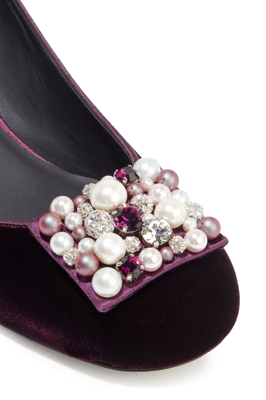 RENE' CAOVILLA Satin-trimmed embellished velvet pumps