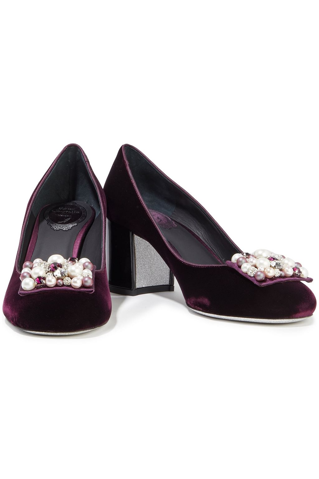 RENE' CAOVILLA Satin-trimmed embellished velvet pumps