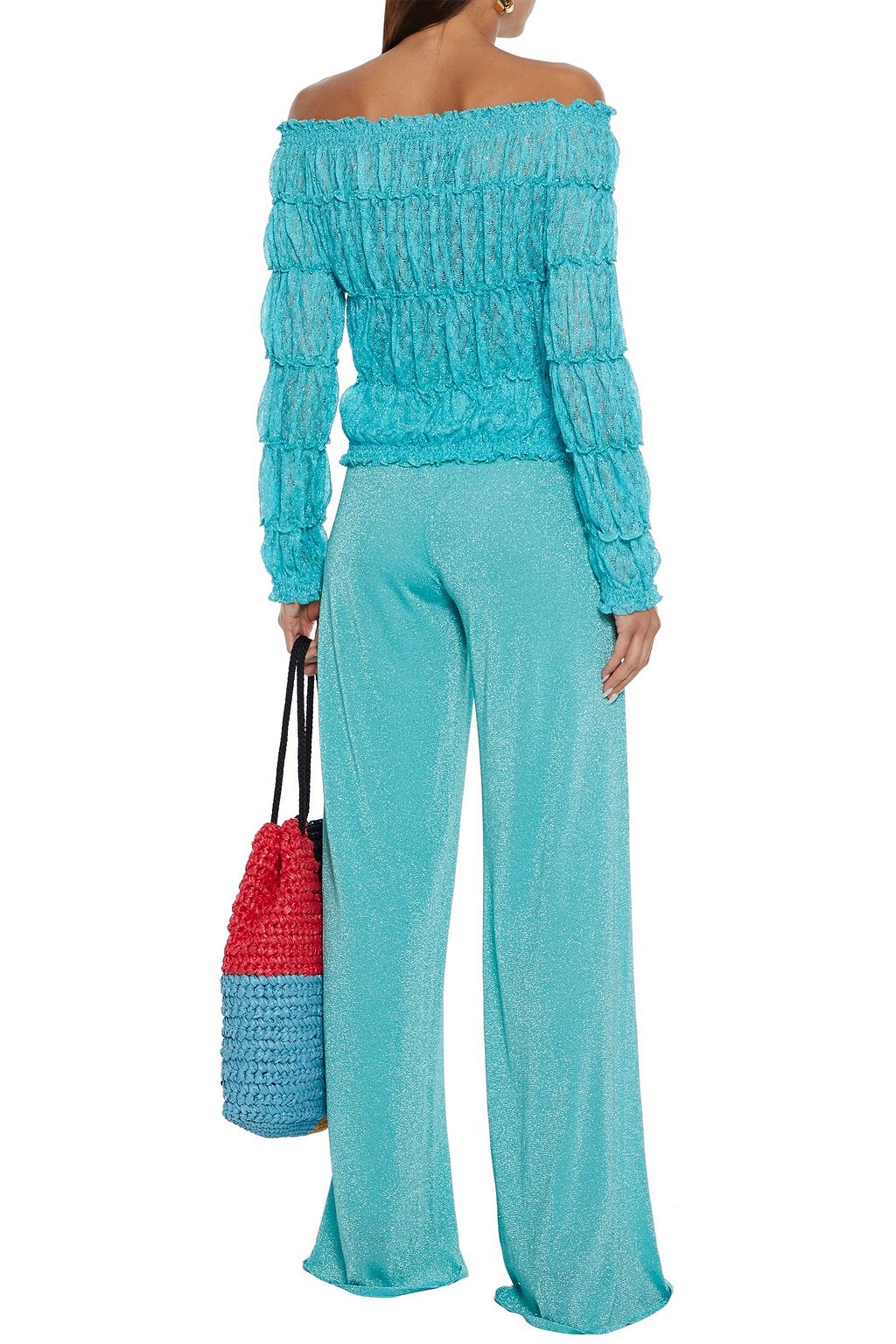 MISSONI Off-the-shoulder shirred metallic crochet-knit top