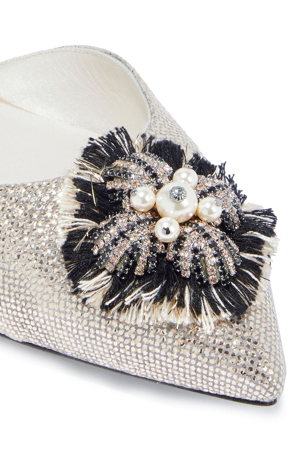 RENE' CAOVILLA Lace-up embellished metallic karung point-toe flats