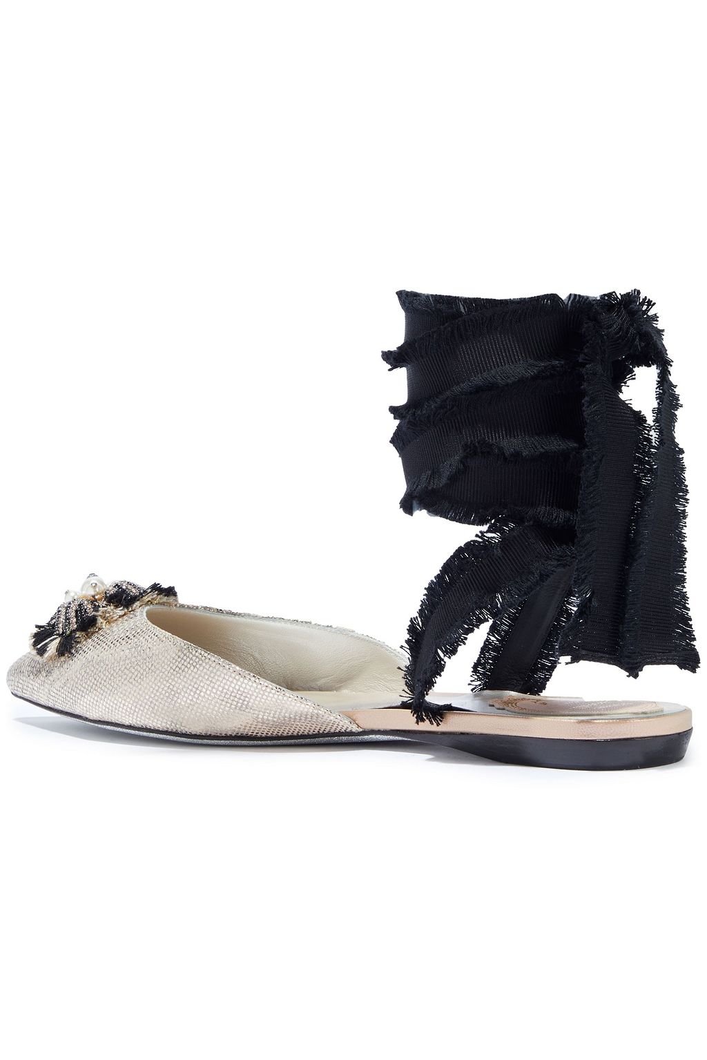 RENE' CAOVILLA Lace-up embellished metallic karung point-toe flats