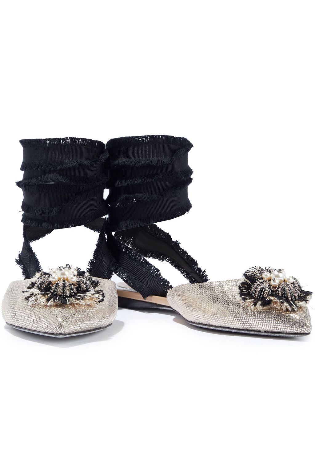 RENE' CAOVILLA Lace-up embellished metallic karung point-toe flats