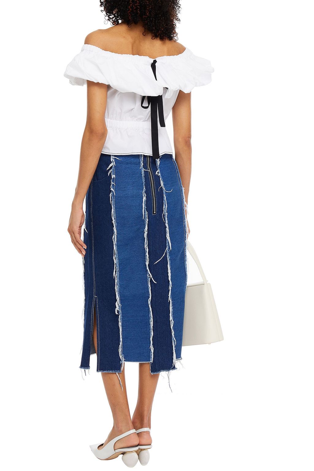 REJINA PYO Frayed paneled denim midi skirt