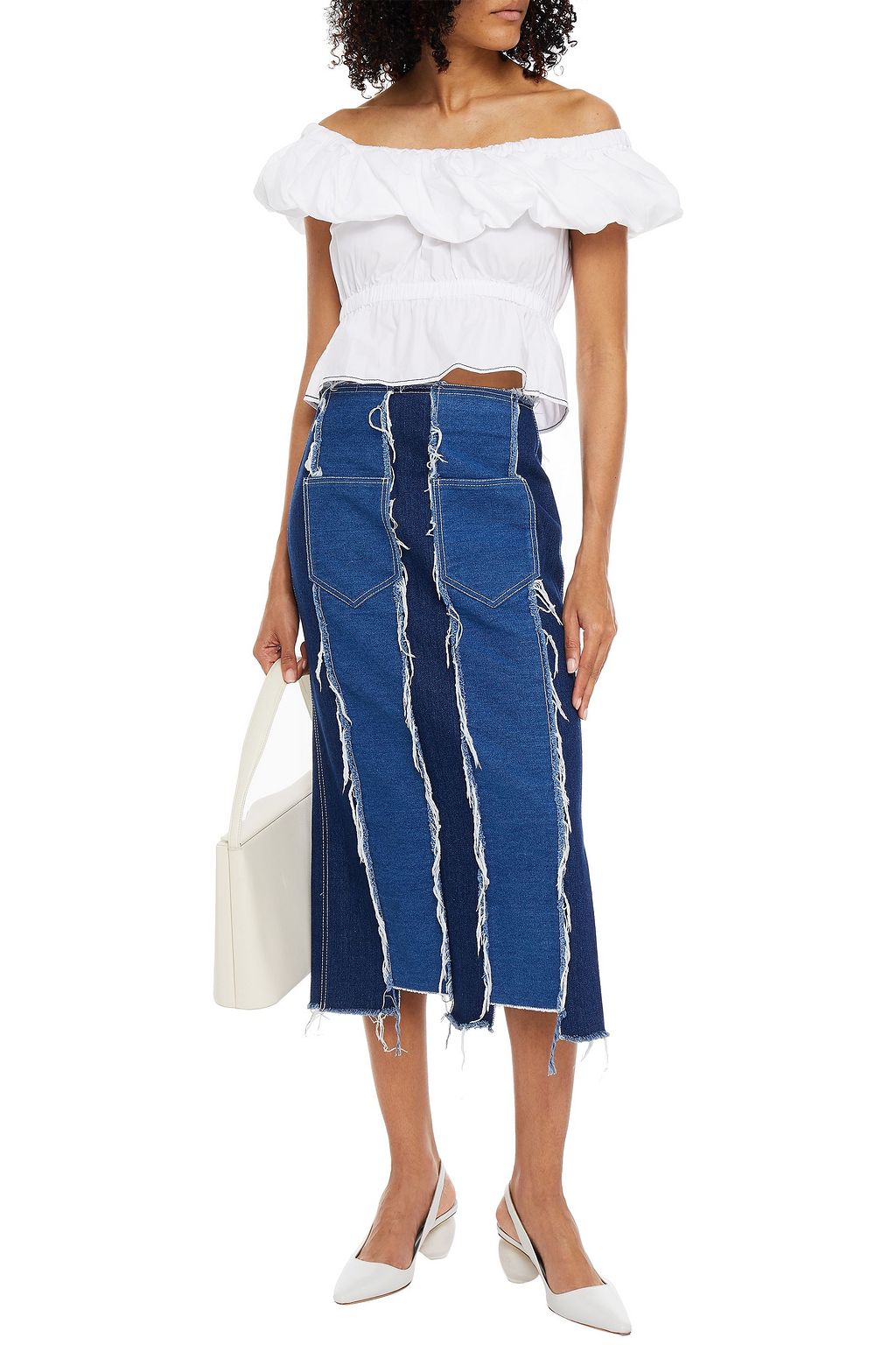 REJINA PYO Frayed paneled denim midi skirt