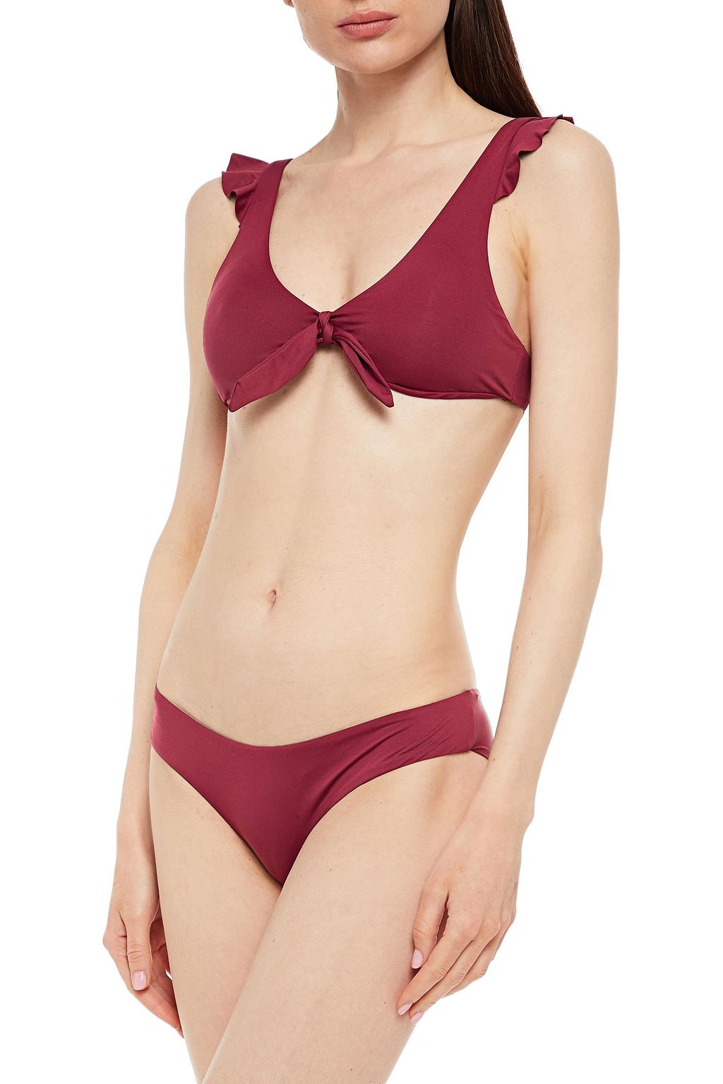 EBERJEY Knotted ruffled bikini top