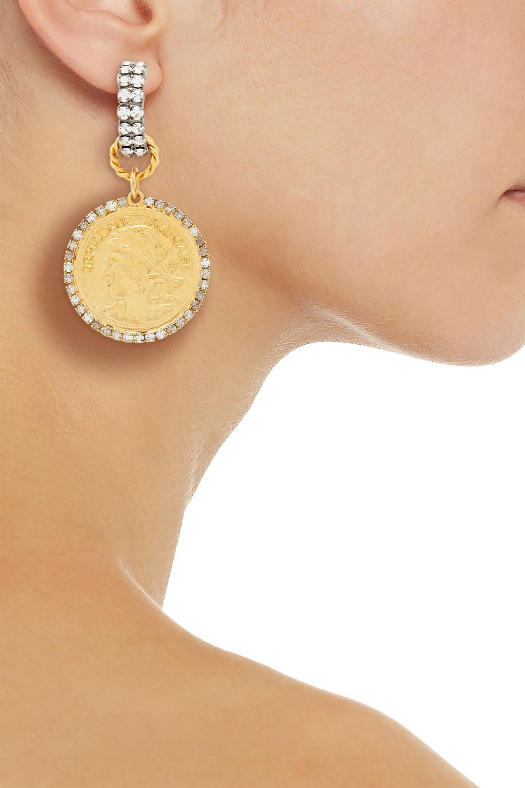 ELIZABETH COLE Convertible 24-karat gold and hematite-plated crystal earrings