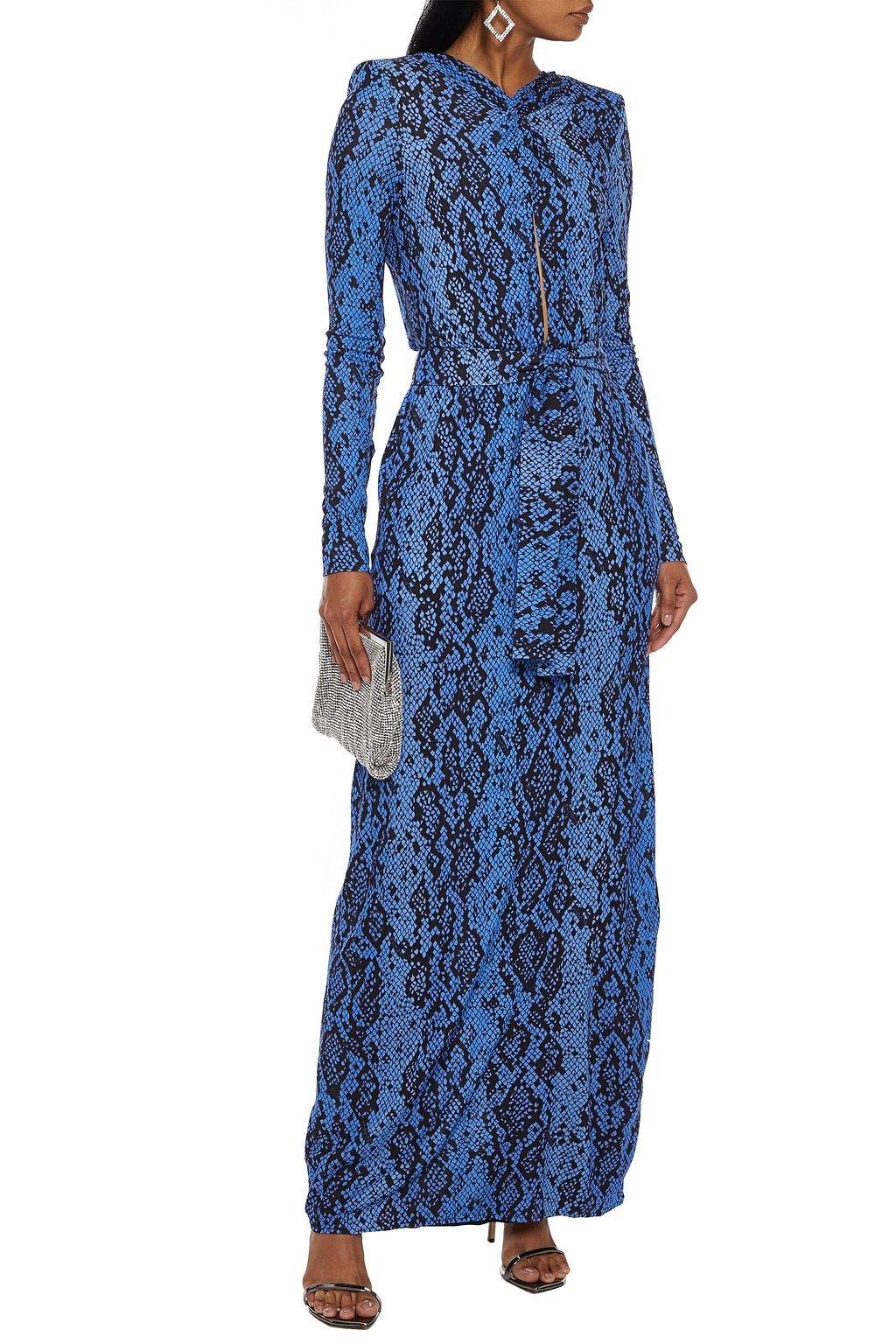 DUNDAS Belted twist-front snake-print jersey maxi dress