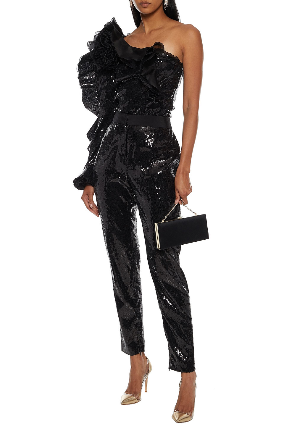 Dundas One-shoulder Ruffled Sequined Tulle Top In Black