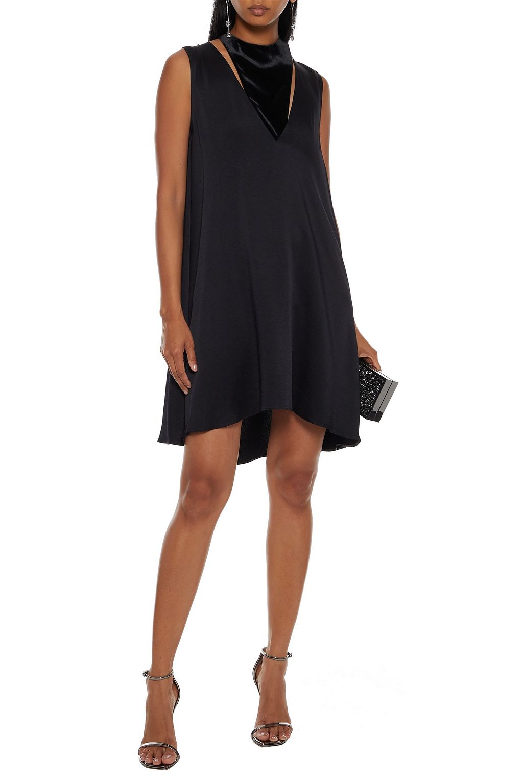 VALENTINO GARAVANI Asymmetric layered hammered-satin and velvet mini dress