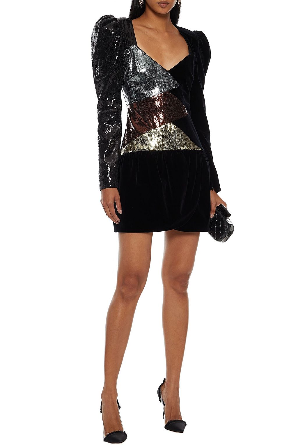 DUNDAS Sequined tulle-paneled cotton-blend velvet mini dress