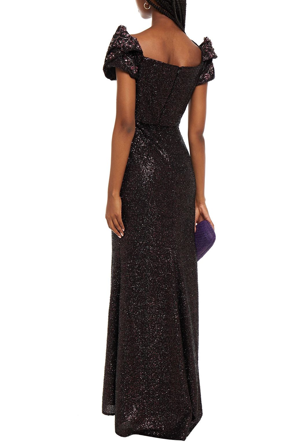 BADGLEY MISCHKA Ruffled embellished jersey and tinsel gown