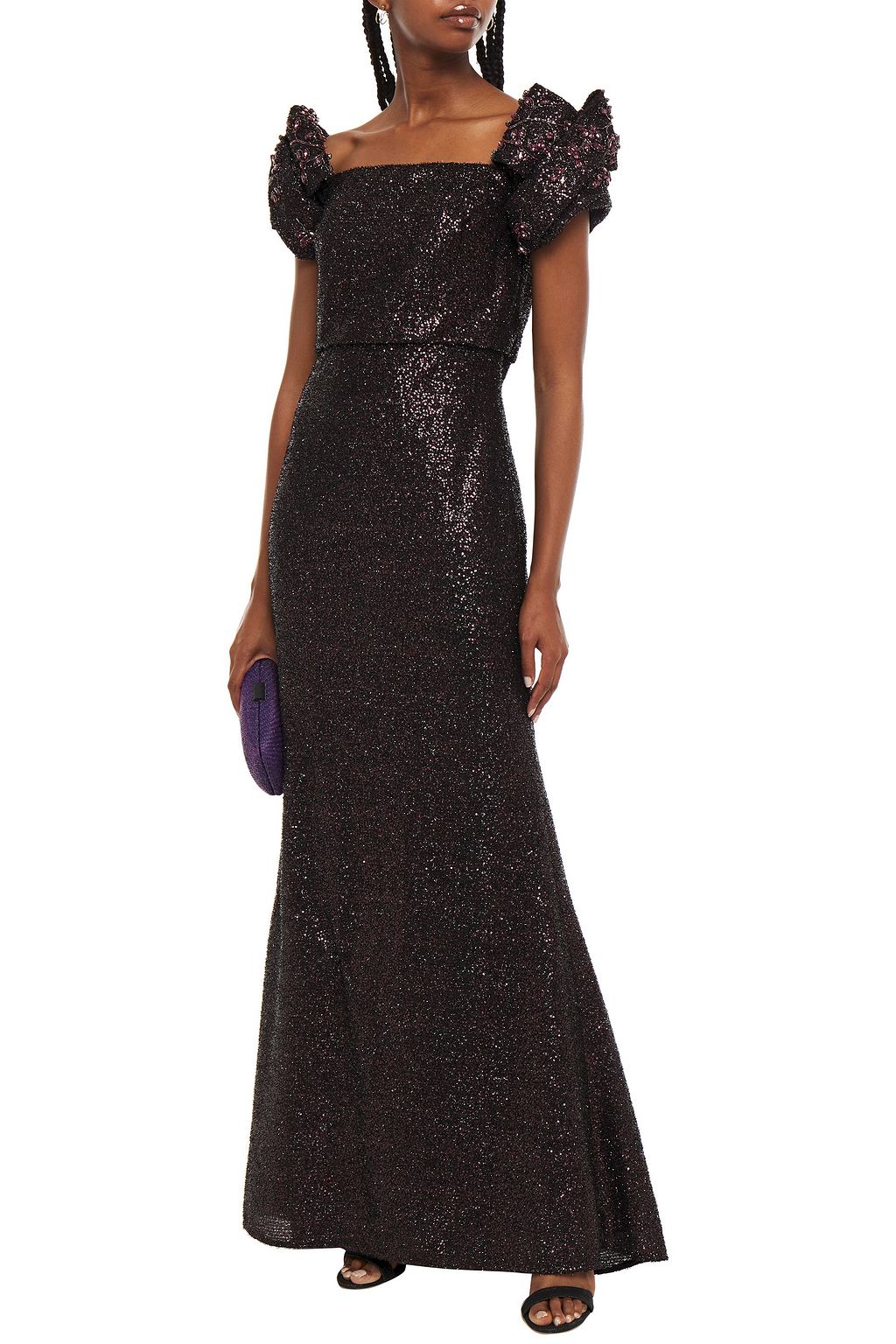 BADGLEY MISCHKA Ruffled embellished jersey and tinsel gown