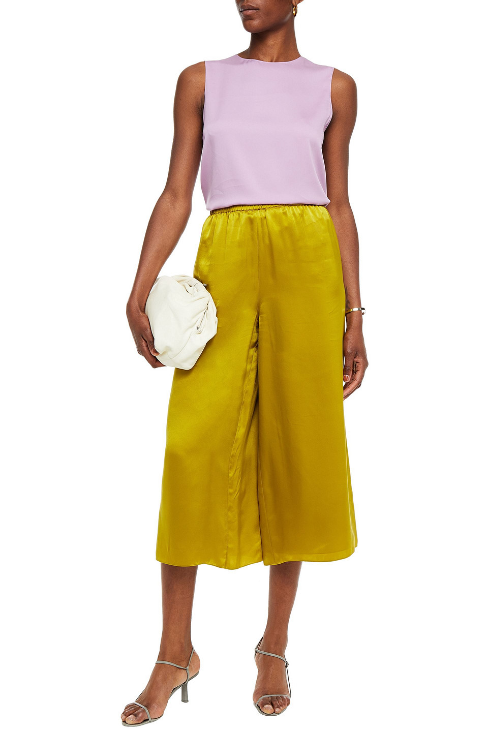 Theory Gathered Washed-silk Culottes In Lime Green