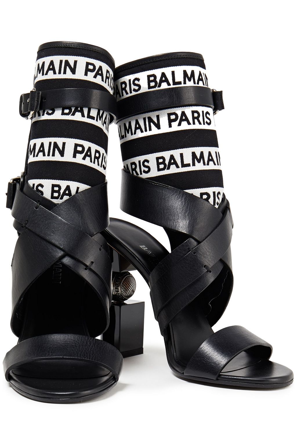 BALMAIN Logo jacquard-paneled leather sandals