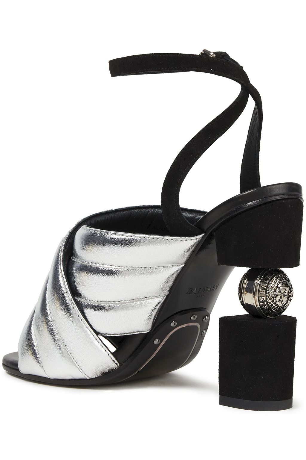 BALMAIN Suede-trimmed quilted metallic leather sandals