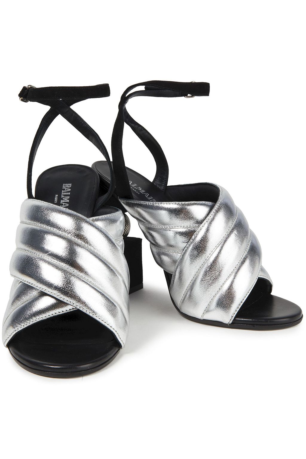BALMAIN Suede-trimmed quilted metallic leather sandals