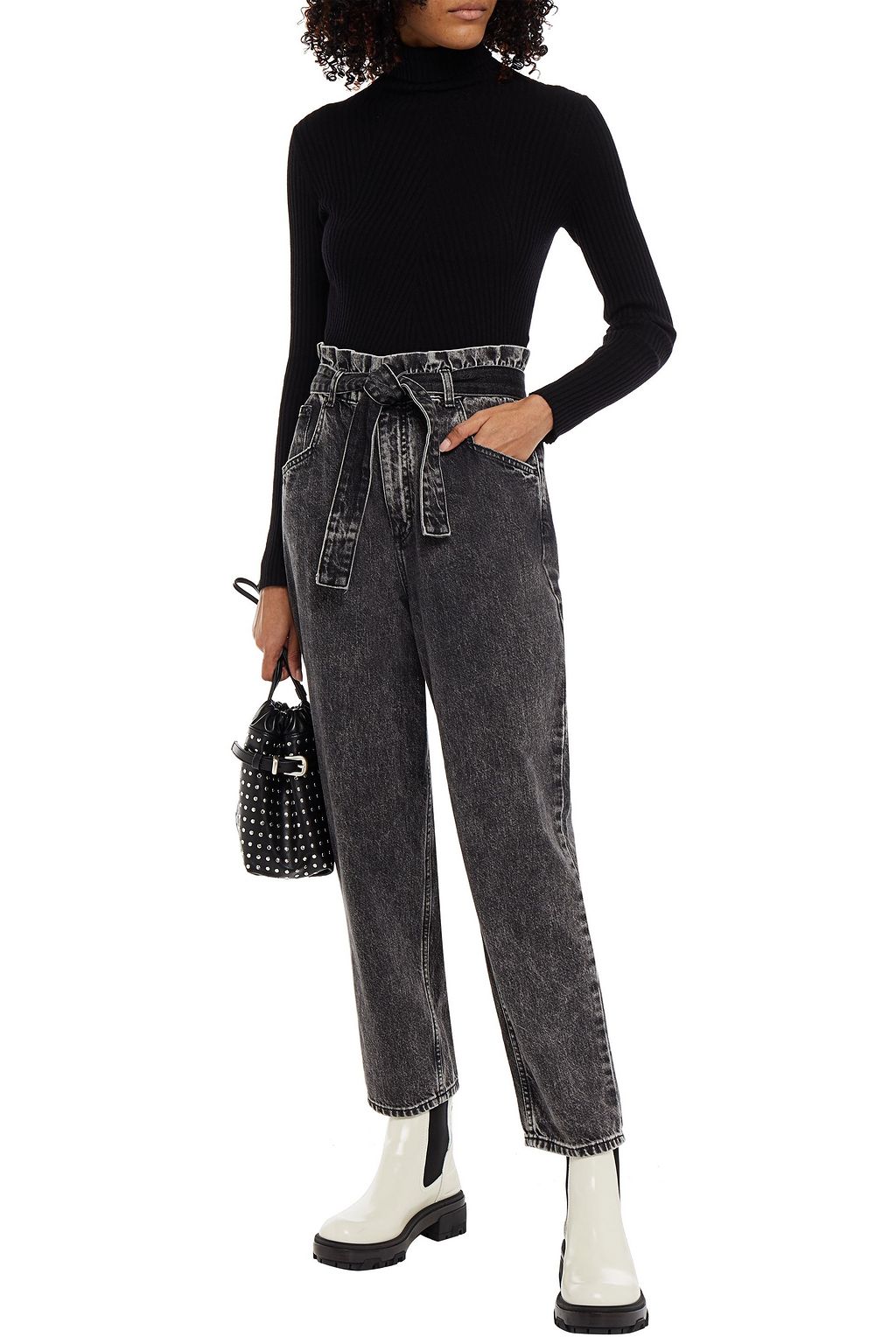 MAJE Cropped belted high-rise tapered jeans