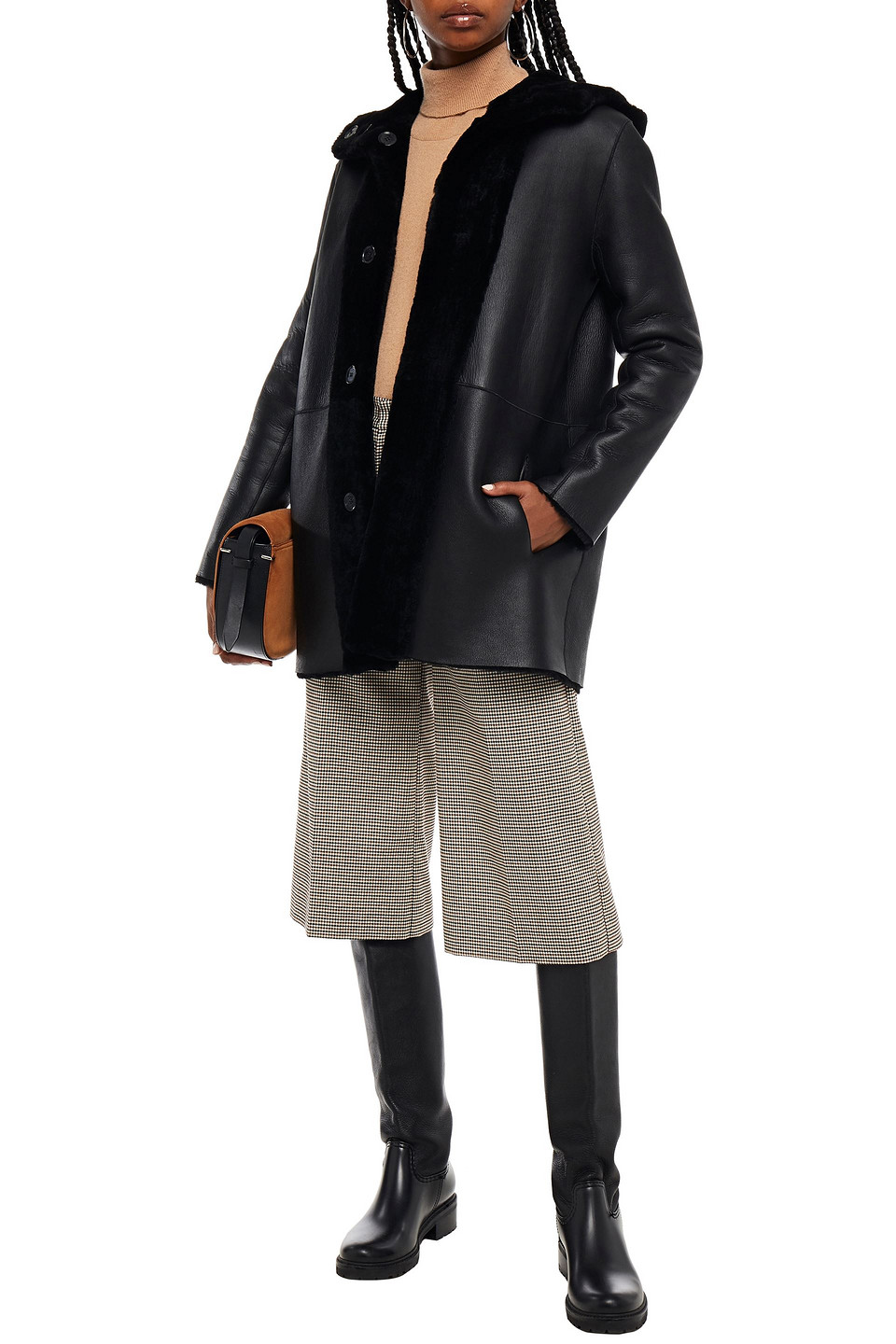 Maje Shearling Hooded Coat In Black