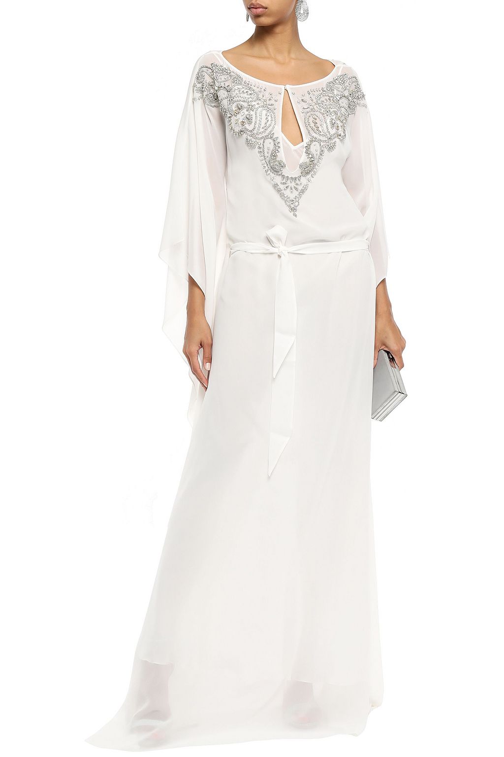 ROBERTO CAVALLI Belted embellished silk crepe de chine gown
