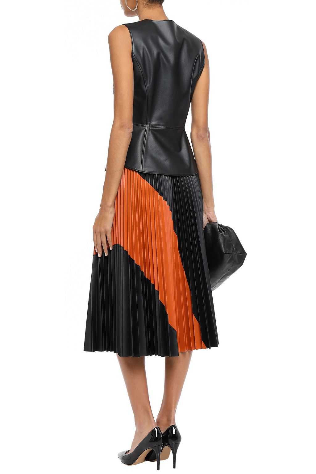 CEDRIC CHARLIER Pleated two-tone faux leather midi skirt
