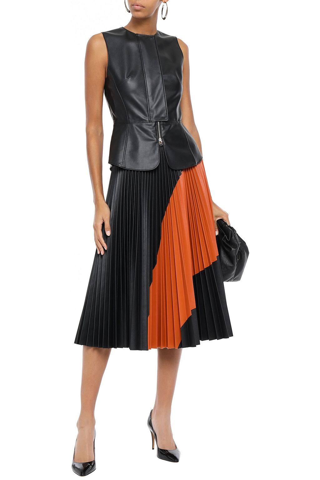 CEDRIC CHARLIER Pleated two-tone faux leather midi skirt