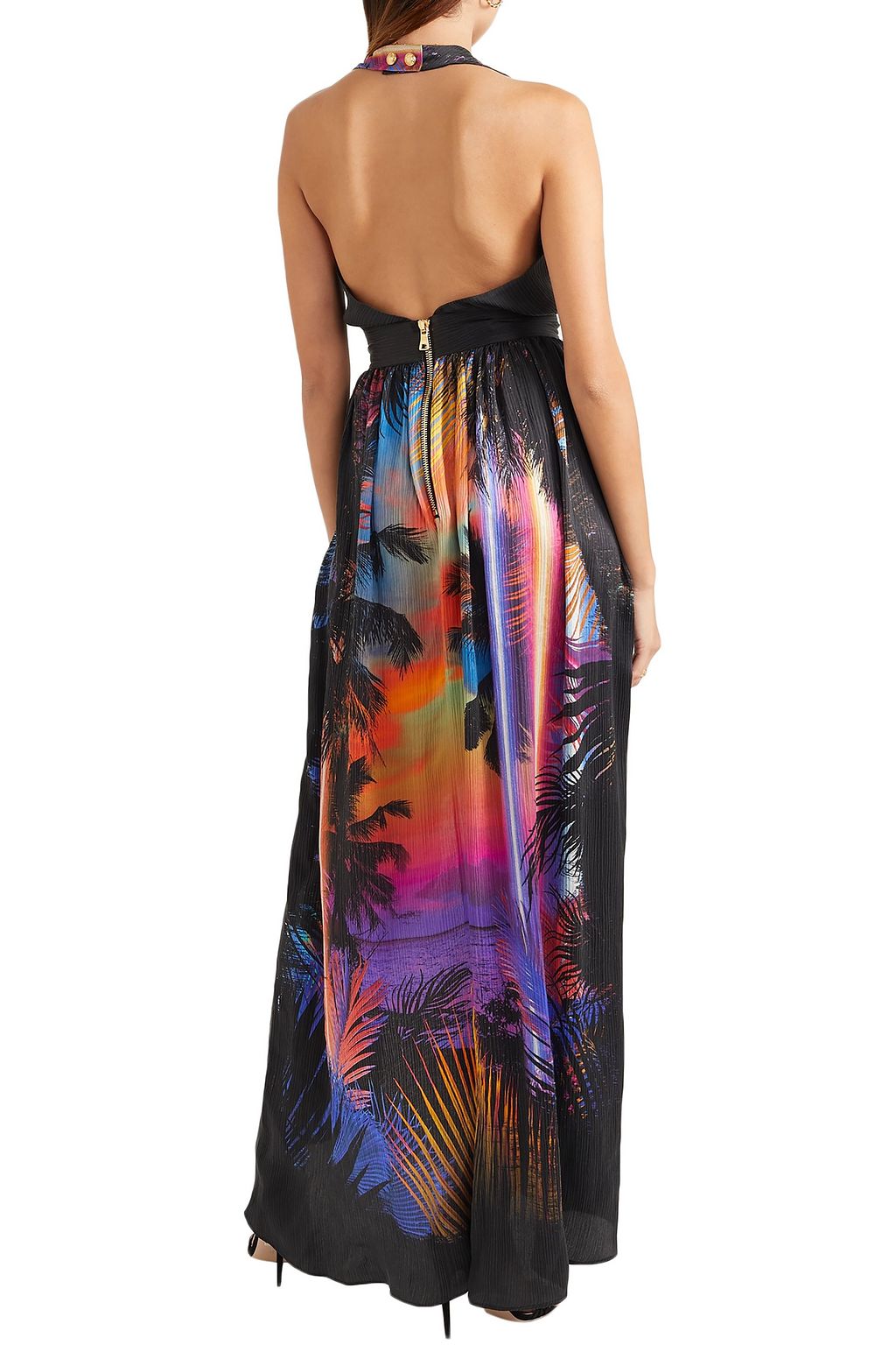 BALMAIN Pleated printed washed-silk halterneck maxi dress