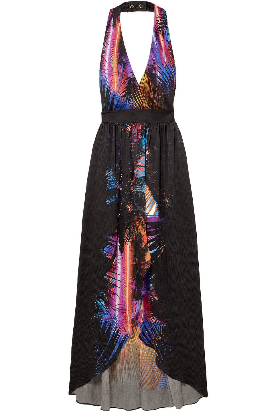 Balmain Woman Pleated Printed Washed-silk Halterneck Maxi Dress Black Size 46