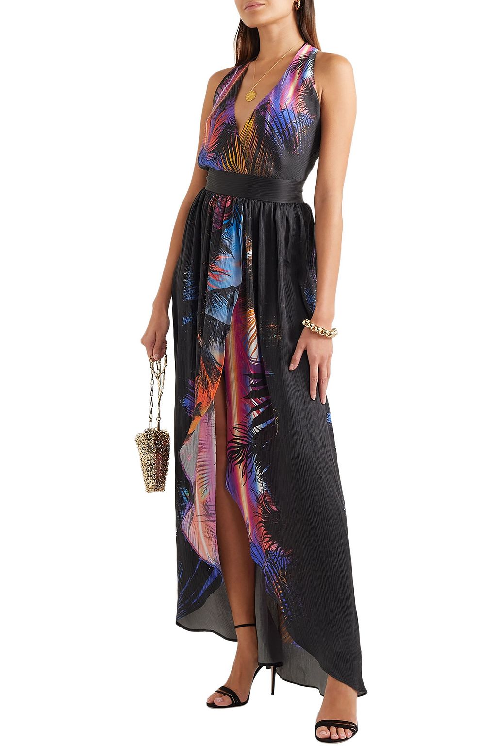 BALMAIN Pleated printed washed-silk halterneck maxi dress