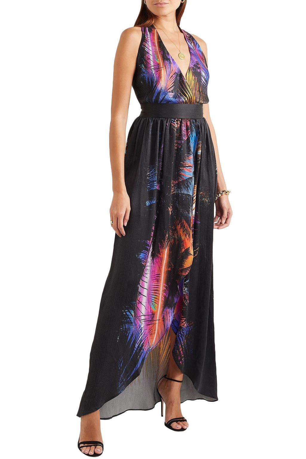 BALMAIN Pleated printed washed-silk halterneck maxi dress
