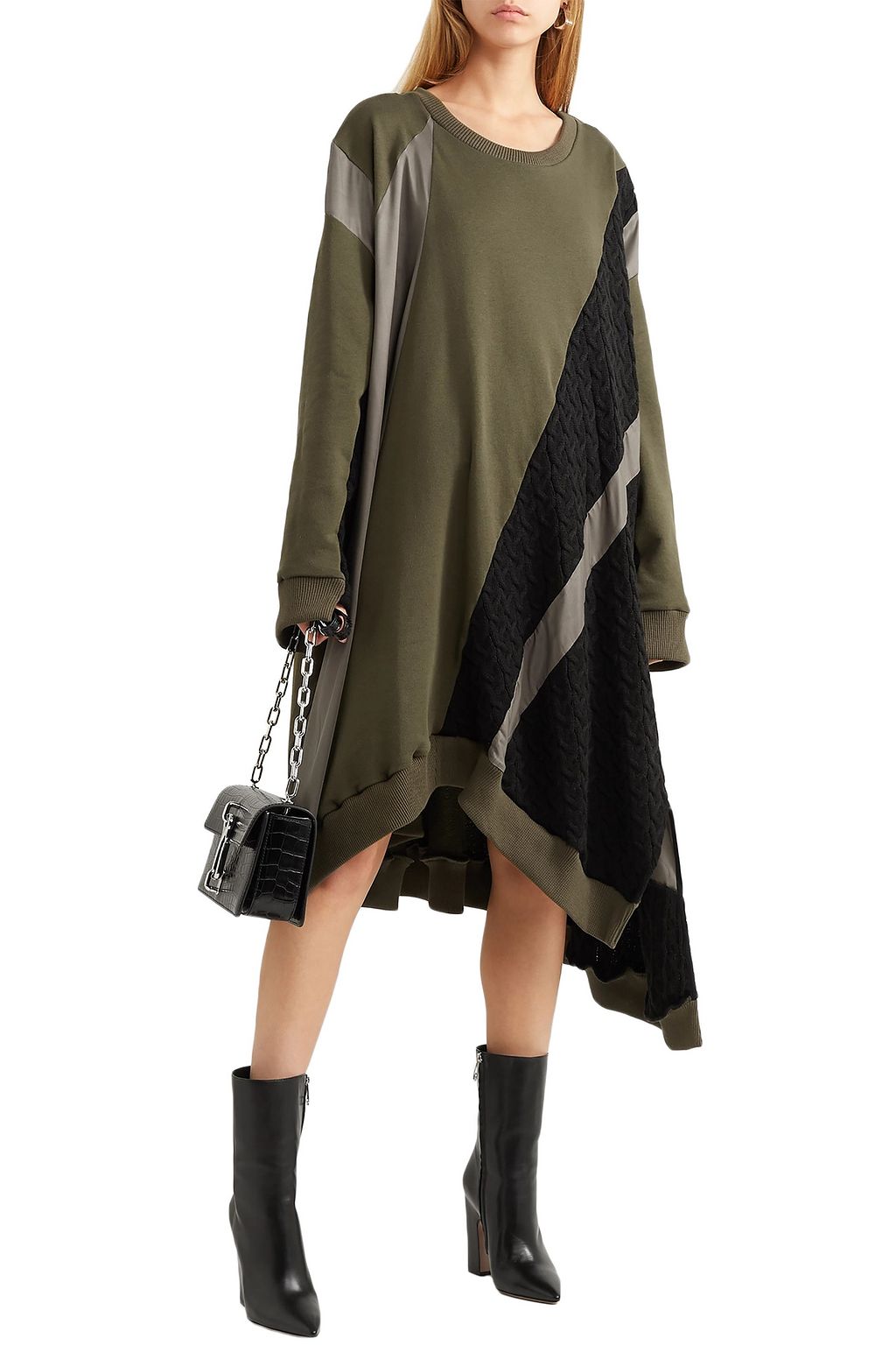 KOCHÉ Asymmetric cotton-jersey, cable-knit and crepe dress