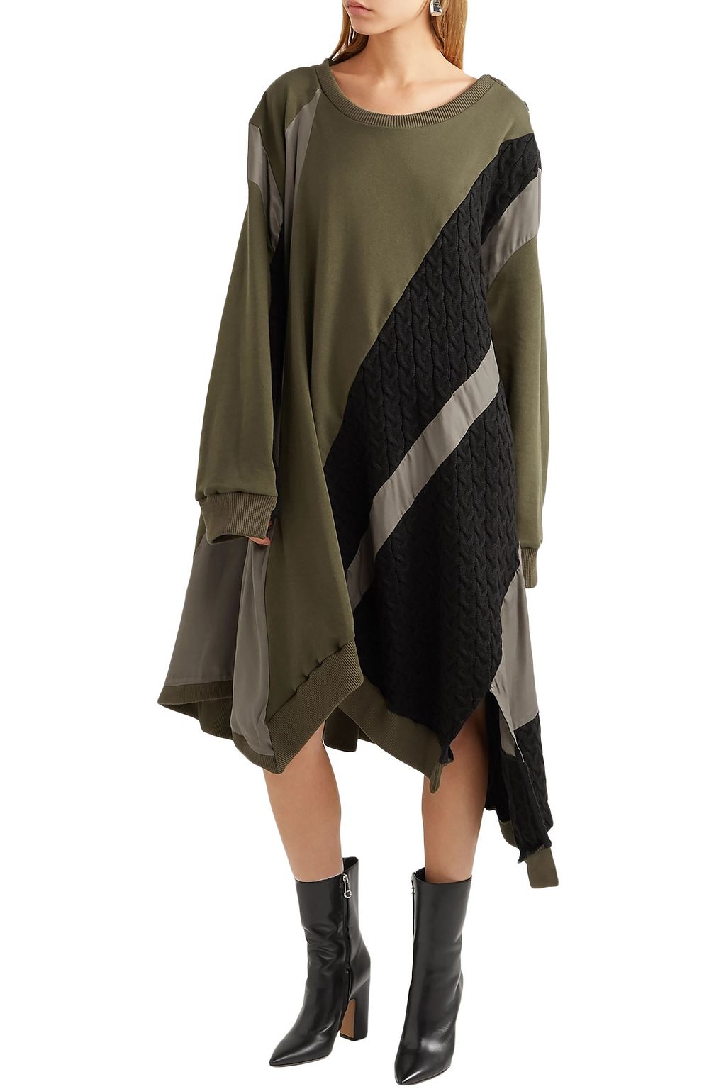 KOCHÉ Asymmetric cotton-jersey, cable-knit and crepe dress
