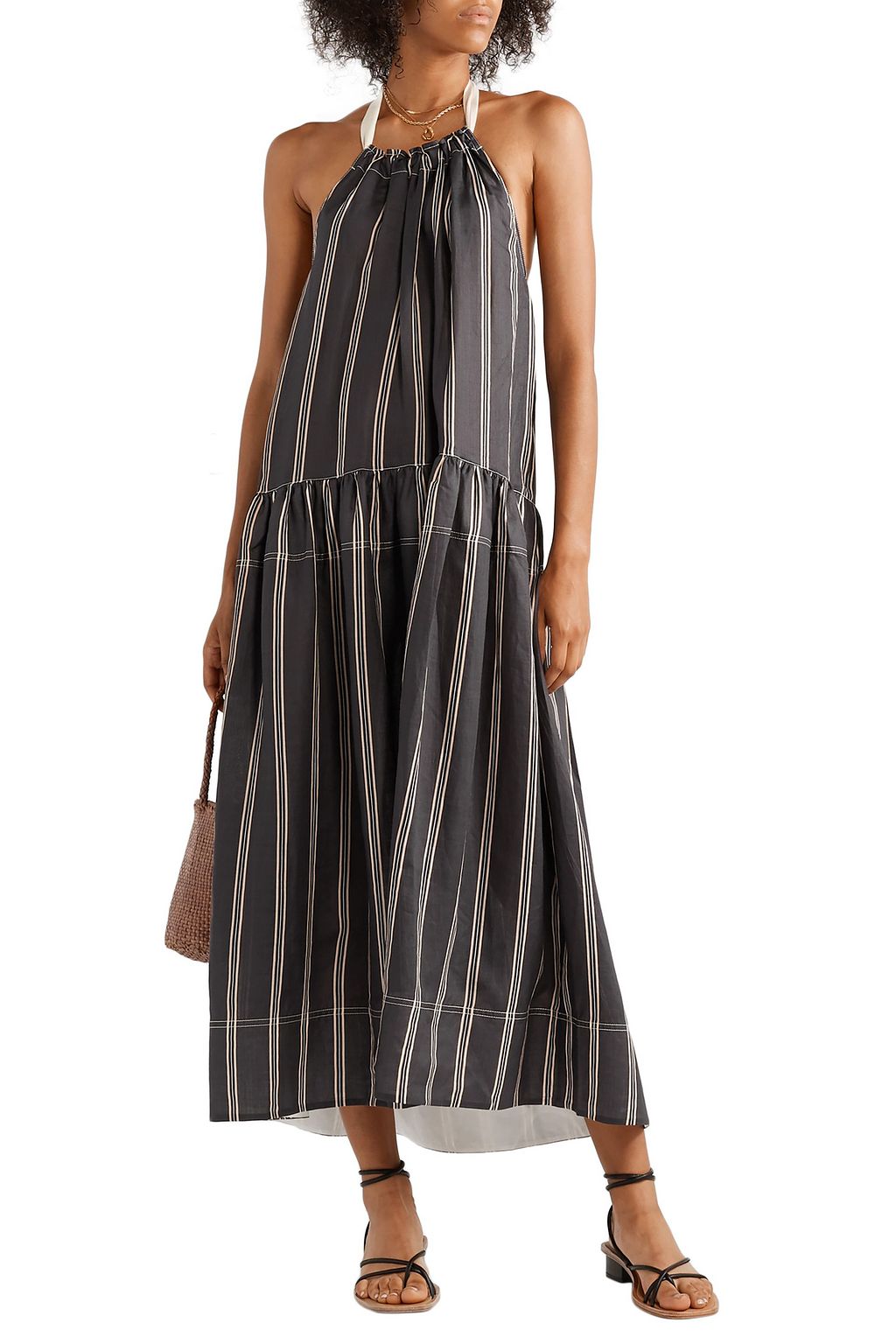 LEE MATHEWS Granada striped ramie halterneck maxi dress