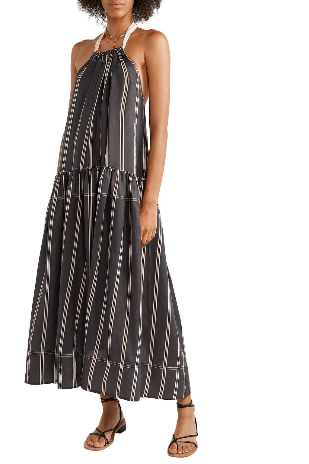 LEE MATHEWS Granada striped ramie halterneck maxi dress