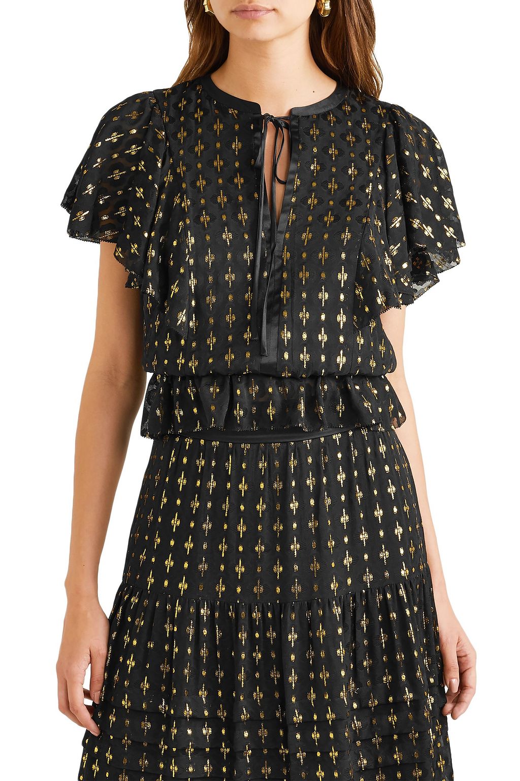 TEMPERLEY LONDON Suki satin-trimmed metallic fil coupé chiffon top