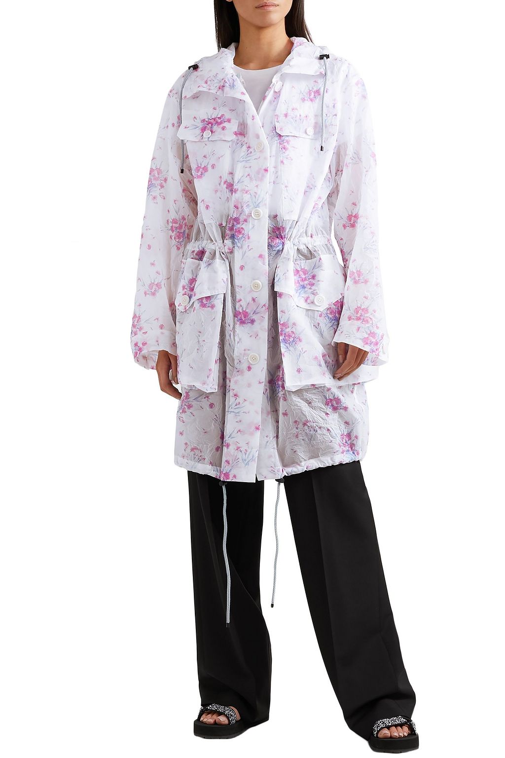 DRIES VAN NOTEN Hooded floral-print crinkled-organza coat