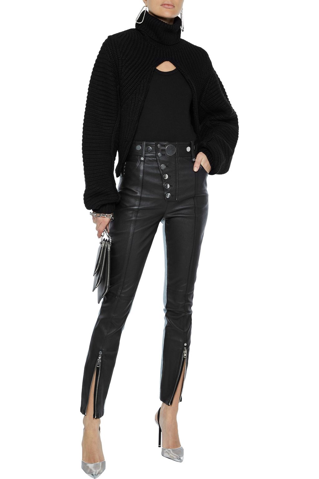 ALEXANDER WANG Snap-detailed leather and denim skinny pants