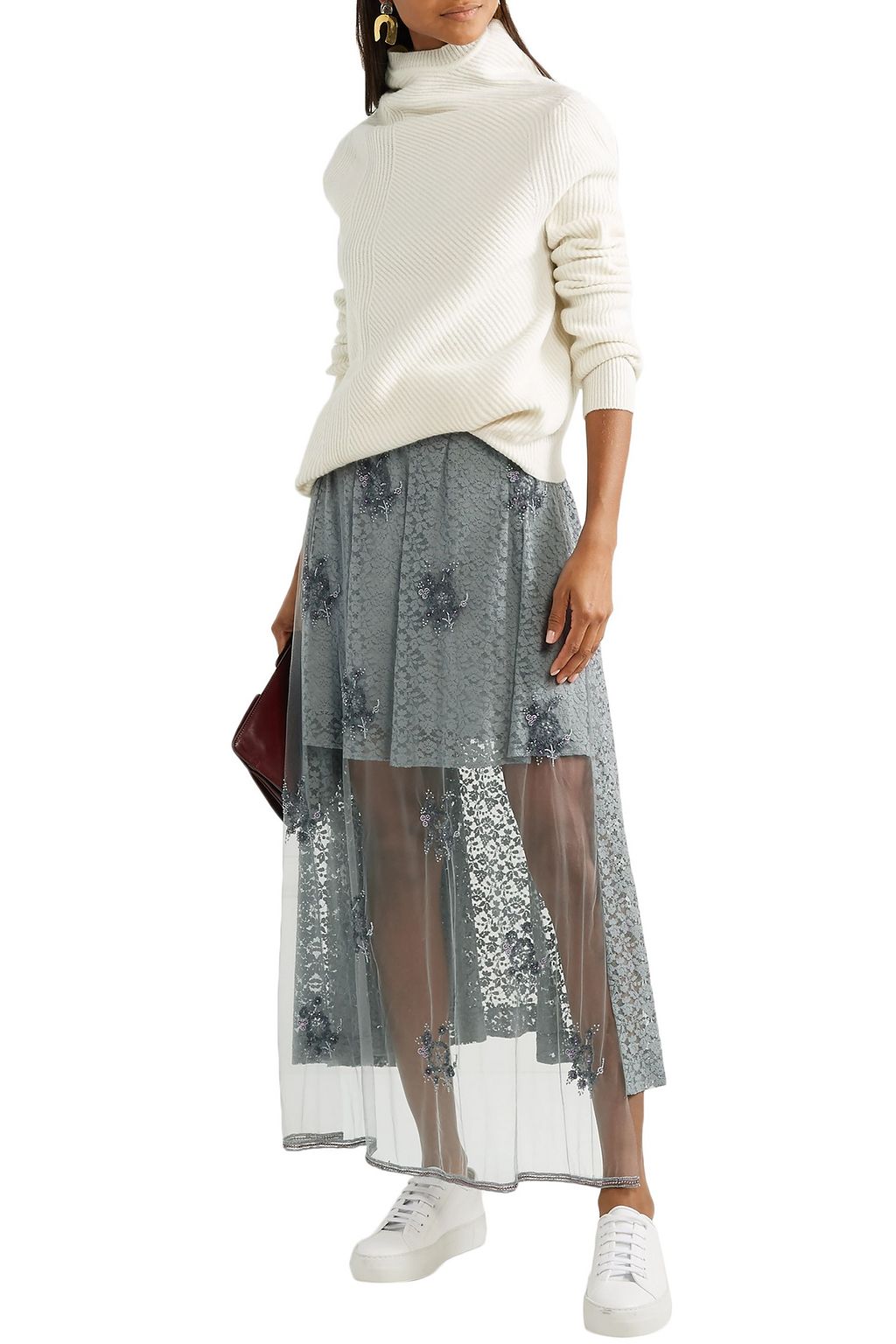 STELLA MCCARTNEY Isabella layered embellished tulle and Leavers lace maxi skirt