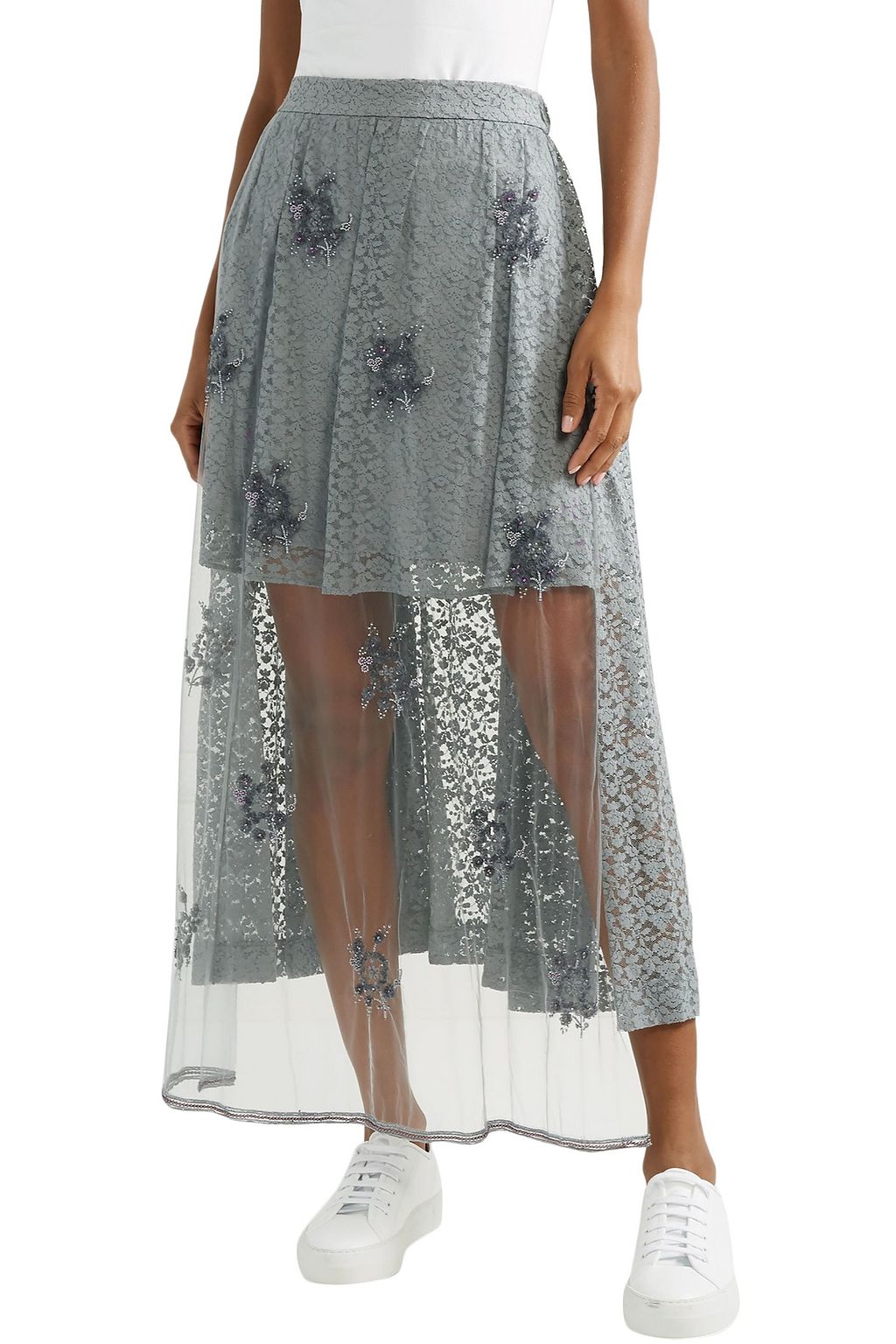 STELLA MCCARTNEY Isabella layered embellished tulle and Leavers lace maxi skirt