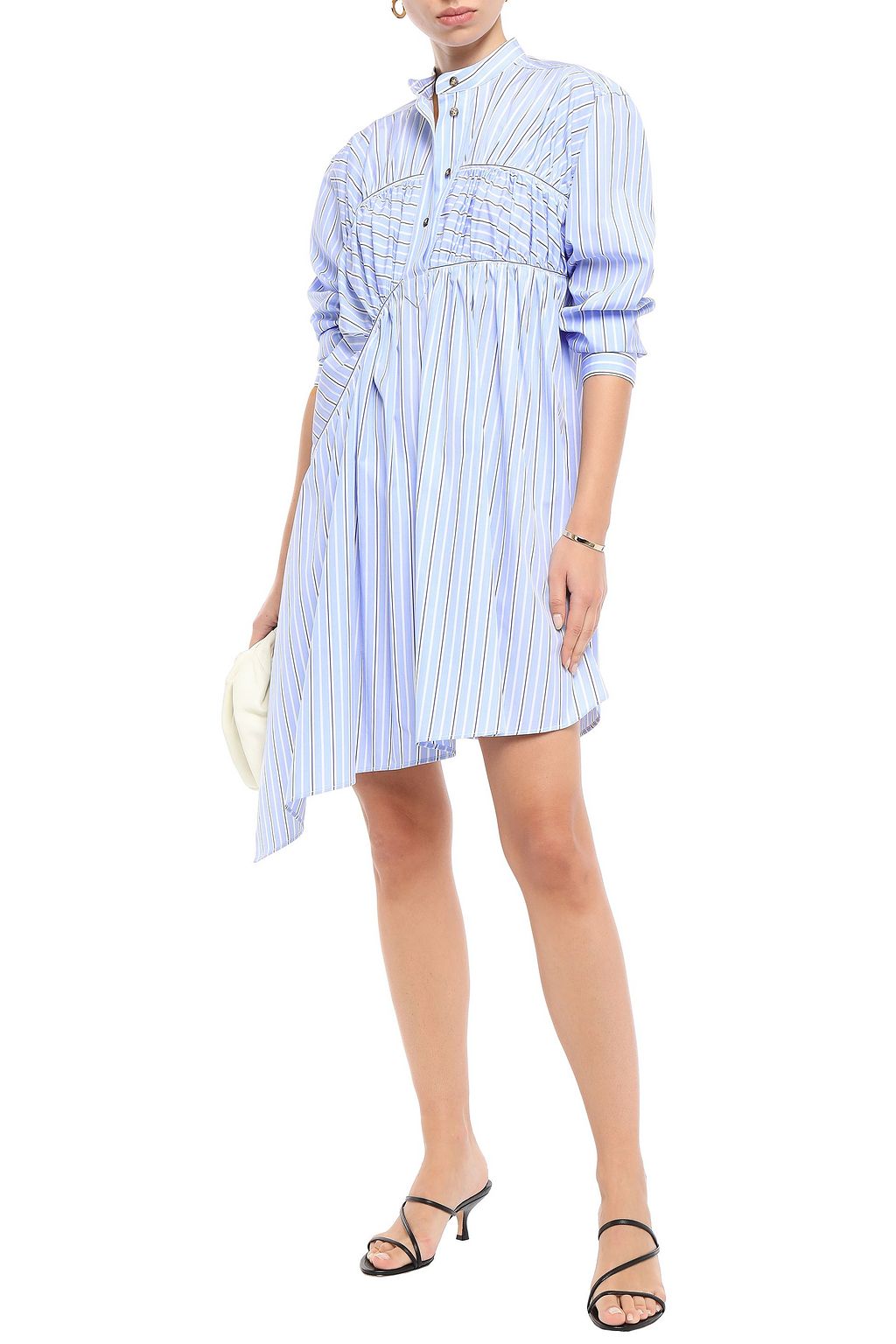 CEDRIC CHARLIER Asymmetric gathered striped cotton-poplin mini shirt dress