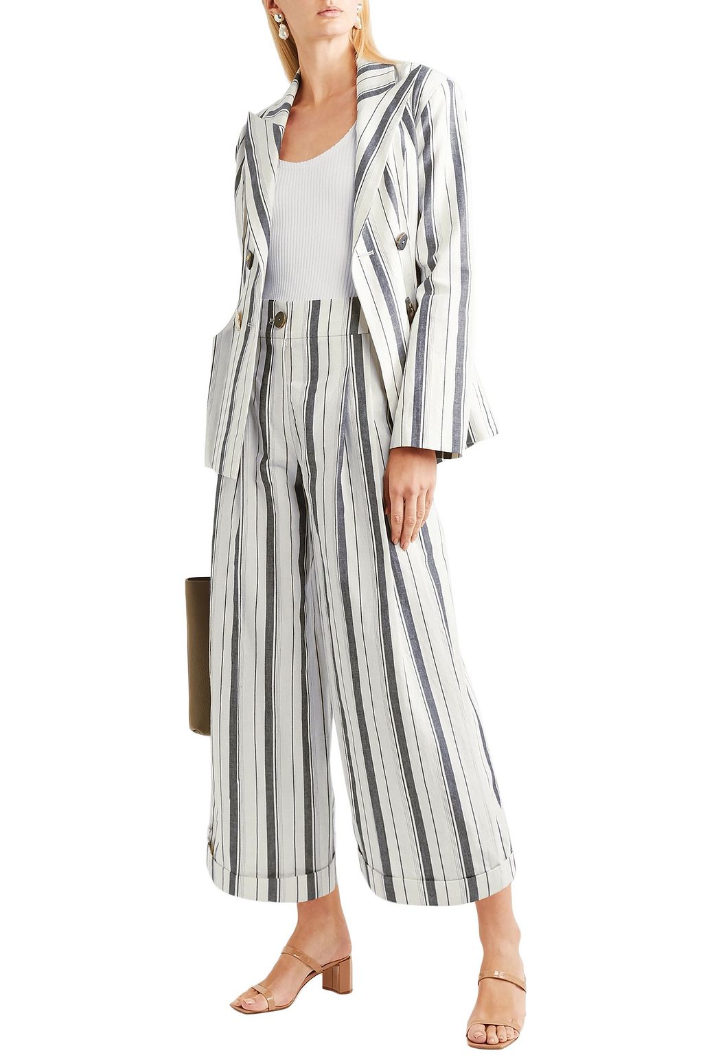 REJINA PYO Dylan cropped striped cotton-chambray wide-leg  pants
