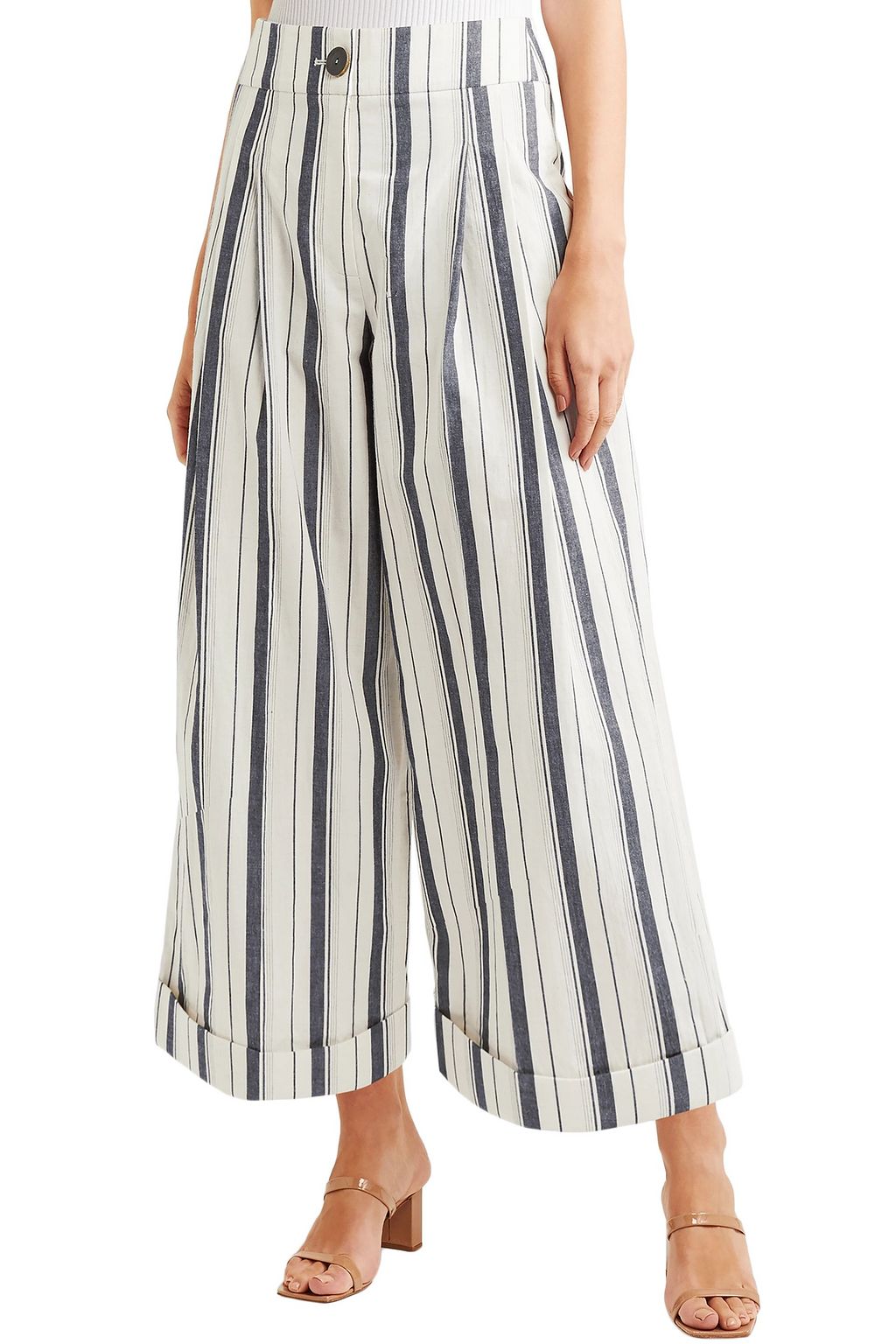 REJINA PYO Dylan cropped striped cotton-chambray wide-leg  pants