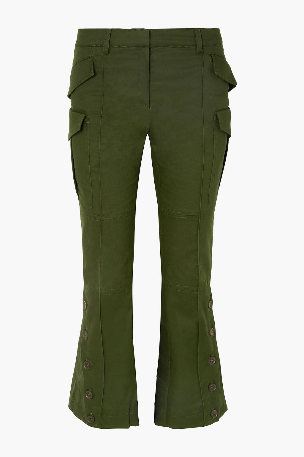 Recycled Sustainable Fitted Flare Army Green Wet Look Pants with Eye Design Hand Painted by Montreal Artist