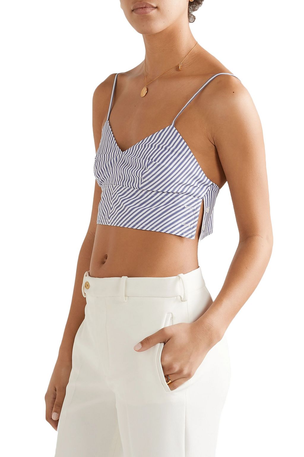 DEVEAUX Lea cropped striped cotton-poplin top