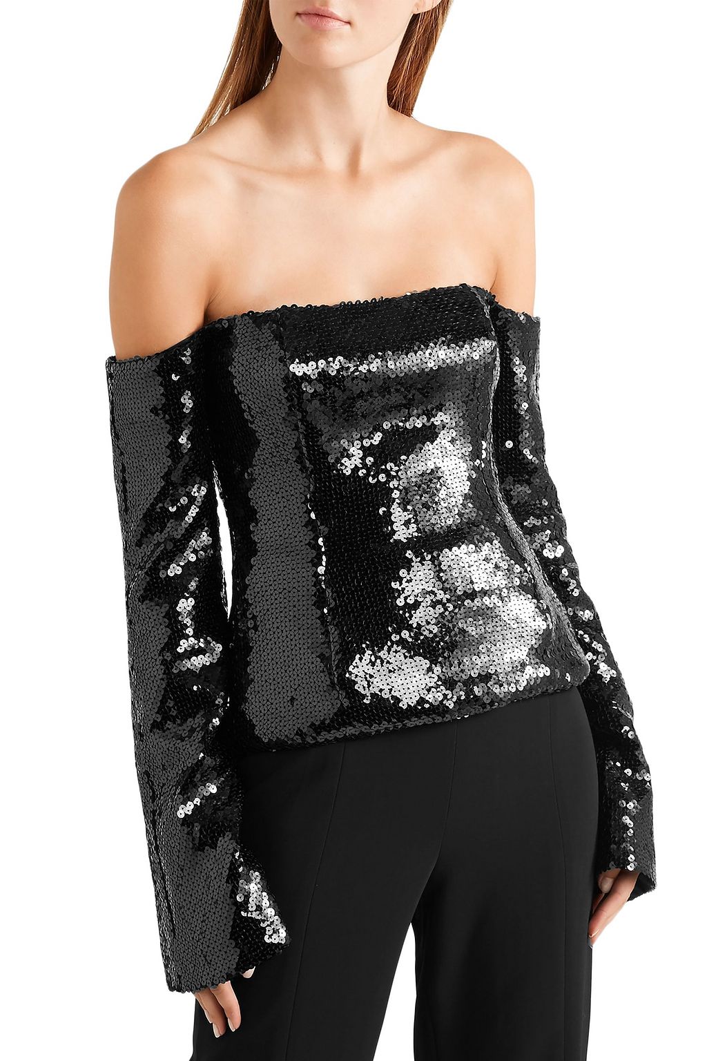 HALPERN Off-the-shoulder sequined tulle top
